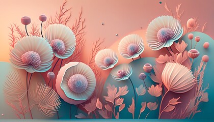 Colorful pastel colored abstract surreal painting style abstract meadow flowers illustration.