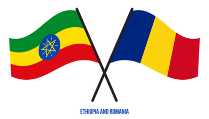 Ethiopia and Romania Flags Crossed And Waving Flat Style. Official Proportion. Correct Colors.