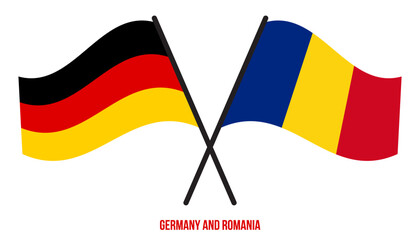 Germany and Romania Flags Crossed And Waving Flat Style. Official Proportion. Correct Colors.