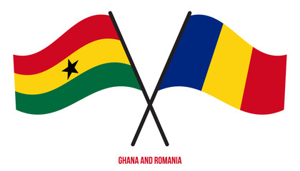 Ghana and Romania Flags Crossed And Waving Flat Style. Official Proportion. Correct Colors.