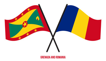 Grenada and Romania Flags Crossed And Waving Flat Style. Official Proportion. Correct Colors.