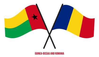 Guinea-Bissau and Romania Flags Crossed And Waving Flat Style. Official Proportion. Correct Colors.
