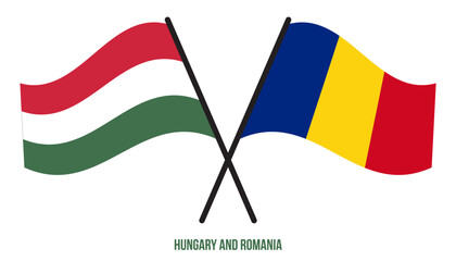 Hungary and Romania Flags Crossed And Waving Flat Style. Official Proportion. Correct Colors.