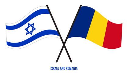 Israel and Romania Flags Crossed And Waving Flat Style. Official Proportion. Correct Colors.
