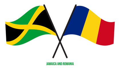 Jamaica and Romania Flags Crossed And Waving Flat Style. Official Proportion. Correct Colors.