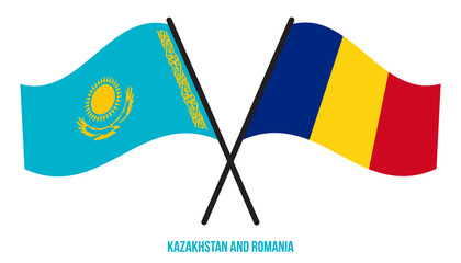 Kazakhstan and Romania Flags Crossed And Waving Flat Style. Official Proportion. Correct Colors.