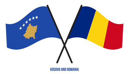 Kosovo and Romania Flags Crossed And Waving Flat Style. Official Proportion. Correct Colors.