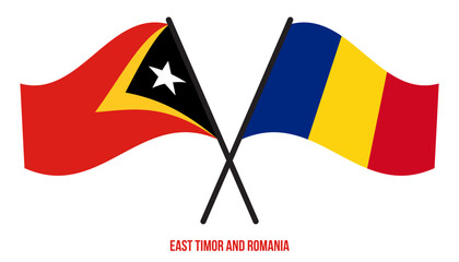 East Timor and Romania Flags Crossed And Waving Flat Style. Official Proportion. Correct Colors.