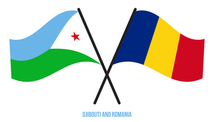 Djibouti and Romania Flags Crossed And Waving Flat Style. Official Proportion. Correct Colors.