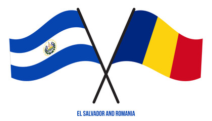 El Salvador and Romania Flags Crossed And Waving Flat Style. Official Proportion. Correct Colors.