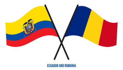 Ecuador and Romania Flags Crossed And Waving Flat Style. Official Proportion. Correct Colors.