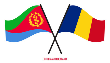 Eritrea and Romania Flags Crossed And Waving Flat Style. Official Proportion. Correct Colors.