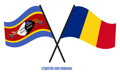 Eswatini and Romania Flags Crossed And Waving Flat Style. Official Proportion. Correct Colors.
