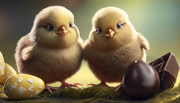 Zwei s&uuml;&szlig;e gelbe K&uuml;ken mit Ostereiern und Schokolade (Generative AI)