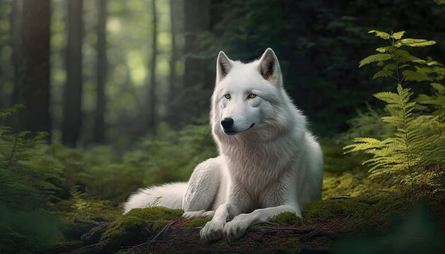 a white wolf laying in the forest generative AI