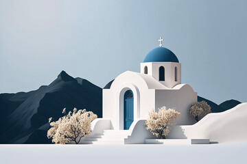 Obraz premium Minimal Blue and White Greek Island Mediterranean Landscape Generative AI