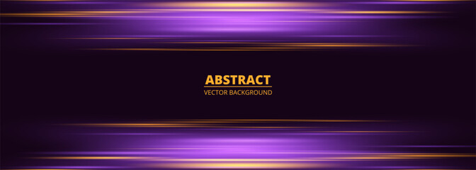 Dark violet wide abstract background with purple and yellow glowing motion neon light effect. Vector illustration