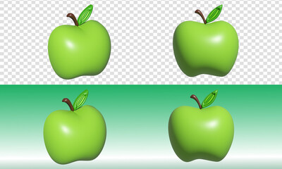 four 3D apples in green color