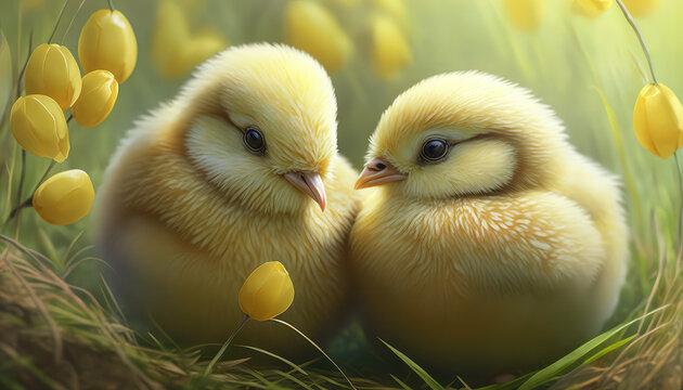  Zwei gelebe K&uuml;ken auf einer Wiese mit Ostereiern und Blumen (Generative AI).
