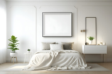 Fototapeta na wymiar A modern bedroom interior featuring a blank frame mockup by Generative AI