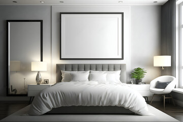 A modern bedroom interior featuring a blank frame mockup by Generative AI