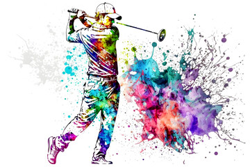 Naklejka na ściany i meble golf player with watercolor rainbow splash. Neural network AI generated art