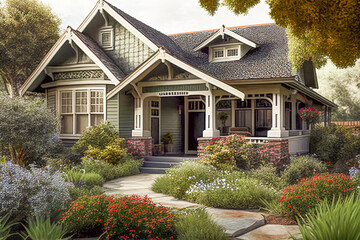 Fototapeta na wymiar Stylish Craftsman Style House with Lush Landscaping - Generative AI.
