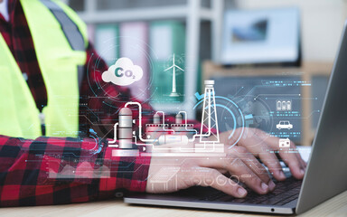 Engineering using laptop for working technology Reduce CO2 emission. technology, artificial...