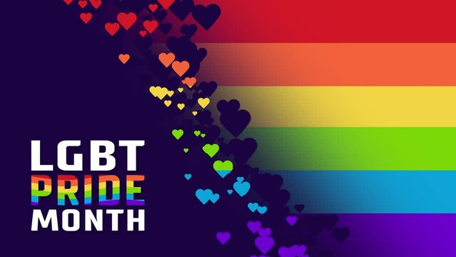 Vector animated LGBT pride month concept. Rainbow LGBTQ freedom flag with isolated hearts. Annual summer gay parade. Banner on LGBTQ+ theme.