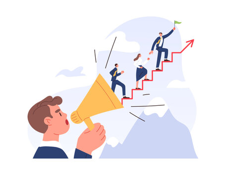 Man shouts into a horn, workers run up the stairs