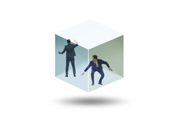 Fototapeta premium Businessman trapped in transparent glass cube