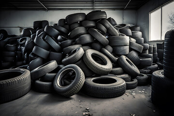 Big pile of used old car tires for recycling. Neural network AI generated art - obrazy, fototapety, plakaty