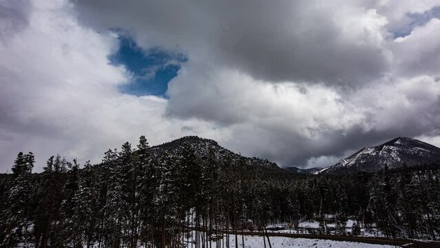 Beautiful cloudscape over the mountains and trees in Rocky Mountain National Park in Colorado, USA