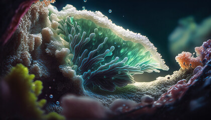 beautiful crystals of the seabed in macro texture, corals with underwater plants and organisms. Created using AI.