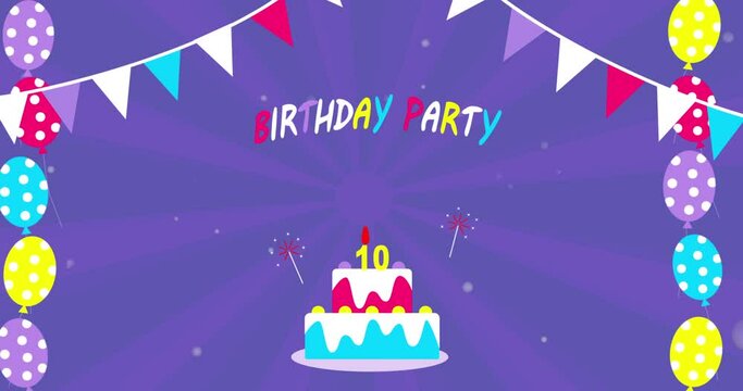 Bright Birthday party banner animation with garland with flags, cake and balloons. Ten year happy birthday anniversary animation. 4K resolution. High-quality 4k footage