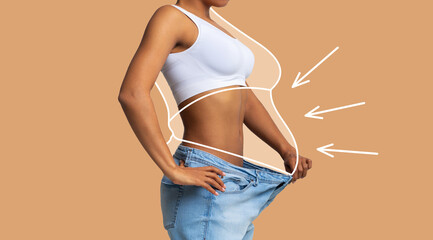 Young slim african american female in big jeans enjoy weight loss result with fat abstract body...