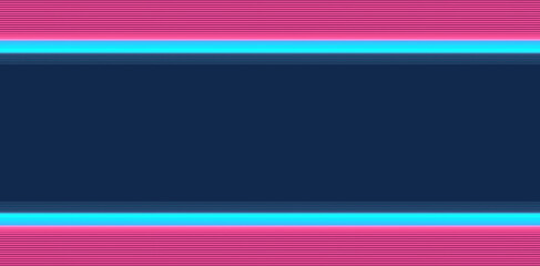 Horizontal neon pink and blue line light texture background. Digital cyber web banner. 3d led wall effect