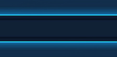 Horizontal neon blue line light background. Digital cyber web banner. 3d led wall effect. Empty space for text
