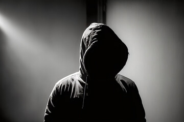 Fototapeta na wymiar A silhouette of a man in a hoodie against a moody, dark background. The hood obscures his face, adding to the mysterious and enigmatic mood. generative ai