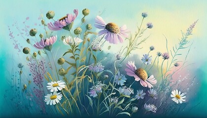 Fototapeta na wymiar Colorful pastel colored watercolor painting style abstract meadow flowers illustration.
