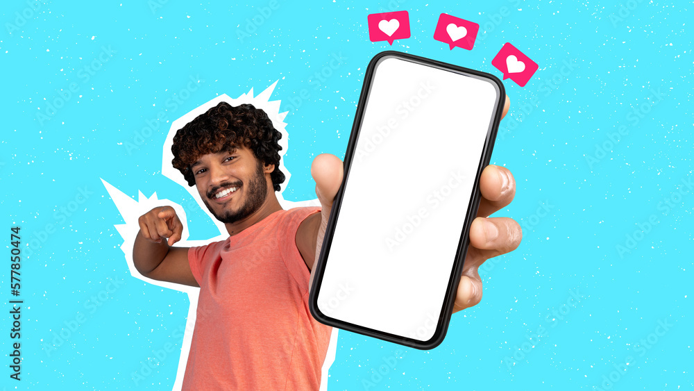 Canvas Prints cute indian guy showing smartphone blank screen at camera, collage