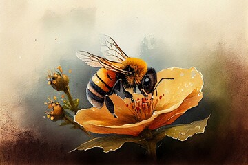 A bee collecting pollen from a flower, watercolour style generative AI - obrazy, fototapety, plakaty