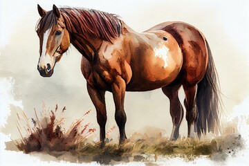 Fototapeta A horse in a pasture, watercolour style generative AI obraz