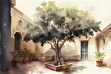 A fig tree in a courtyard, watercolour style generative AI