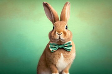 Fototapeta premium Easter Bunny With Bow Tie, Rabbit With Bow Tie, Rabbit Applying For The Easter Job, Cute Surprised Bunny, Green Background, Easter Holiday, Generative Ai