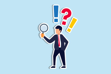 Observation or examination, curiosity to discover secret, search or analyze information, investigate or research concept, curious businessman holding magnifying glass observe data with question mark. 