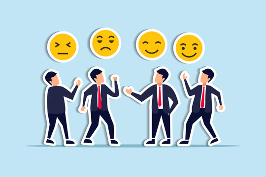 Employee Morale, Team Spirit, Work Passion Or Job Satisfaction, Worker Wellbeing Or Feeling, Attitude And Motivation Concept, Businessman And Businesswoman Team Showing Emotion Happy And Sad Faces.