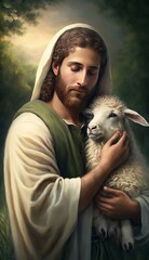 Jesus and the Lamb. AI Generative.