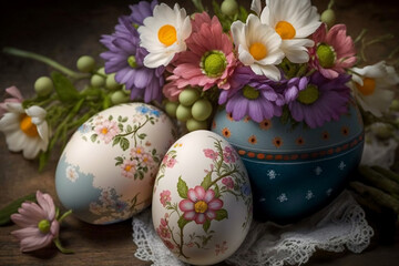 Fototapeta premium Easter Eggs And Flowers, Easter Holiday, Generative Ai