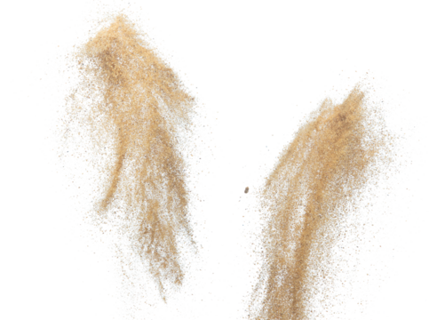 Sand flying explosion, Golden sand wave explode. Abstract sands cloud fly. Yellow colored sand splash throwing in Air. White background Isolated high speed shutter, throwing freeze stop motion